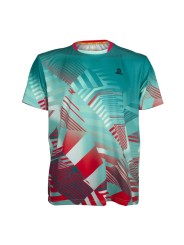Camiseta técnica APACS 10155 microfibra turquesa y roja frontal multideporte: bádminton, tenis, pádel y pickleball