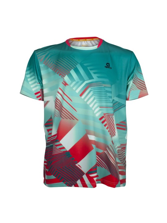 Camiseta técnica APACS 10155 microfibra turquesa y roja frontal multideporte: bádminton, tenis, pádel y pickleball