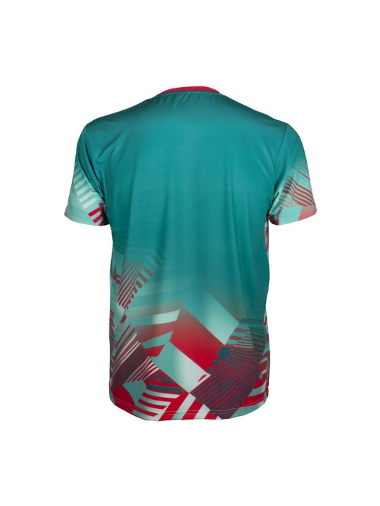Camiseta técnica APACS 10155 microfibra turquesa y roja trasera secado rápido y transpirable multideporte