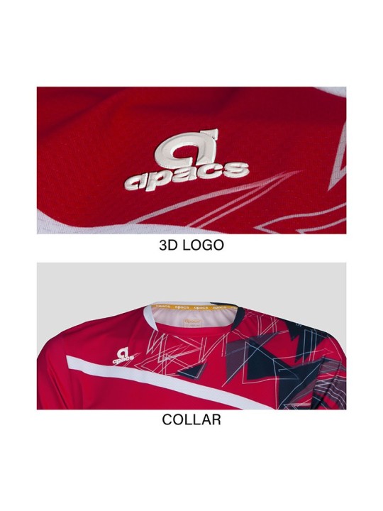 Detalle cuello ergonómico de la camiseta técnica APACS 10158 roja para bádminton competitivo
