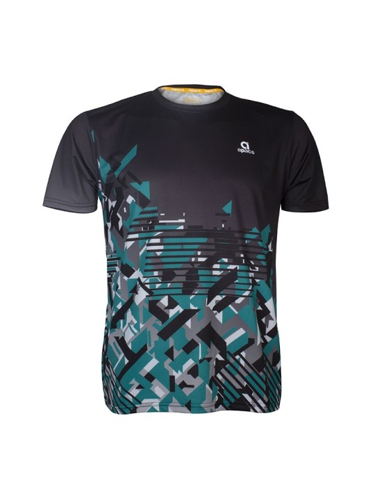 Camiseta técnica APACS 10159 negra y azul vista frontal para bádminton