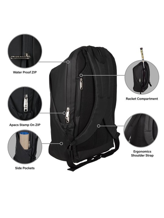 Mochila APACS 335 Negra con espacio seguro para raquetas de bádminton o palas deportivas