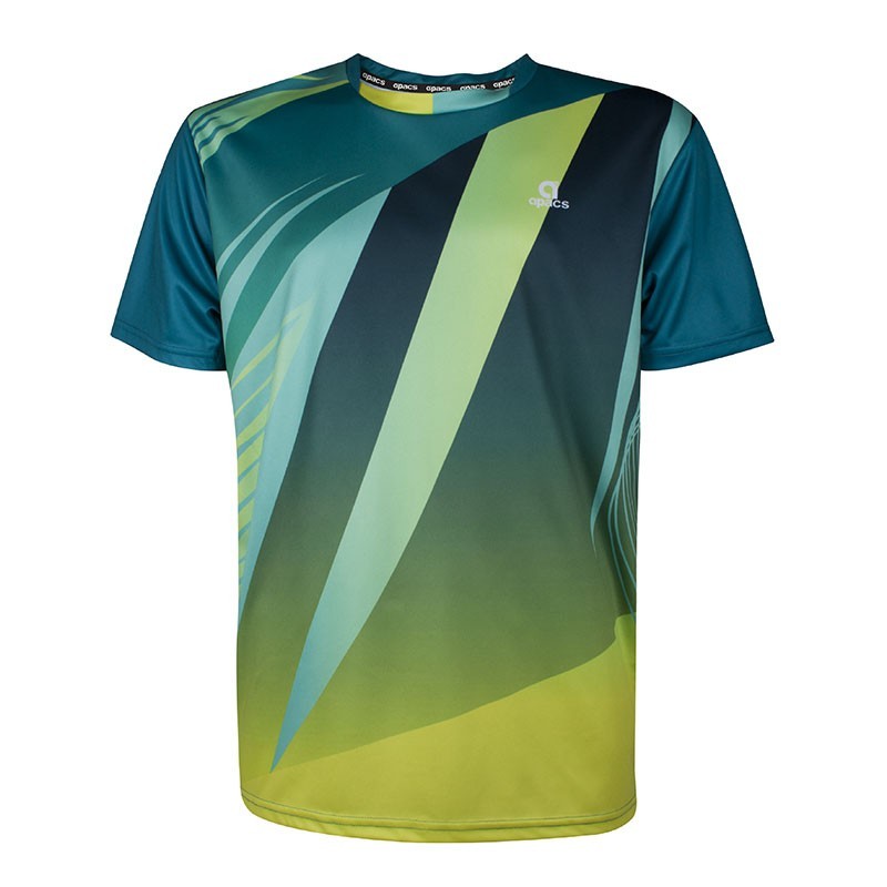 Camiseta técnica APACS 10137 esmeralda y neon frontal multideporte: bádminton, tenis, pádel y pickleball