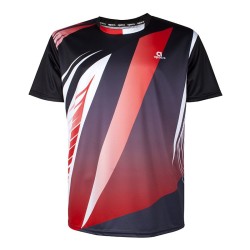 Camiseta técnica APACS 10137 negra y roja frontal con 4‑way stretch multideporte: bádminton, tenis, pádel y pickleball