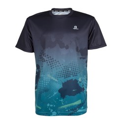 Camiseta técnica APACS 10136 negra y turquesa frontal en tejido jacquard transpirable multideporte: bádminton, tenis y pádel