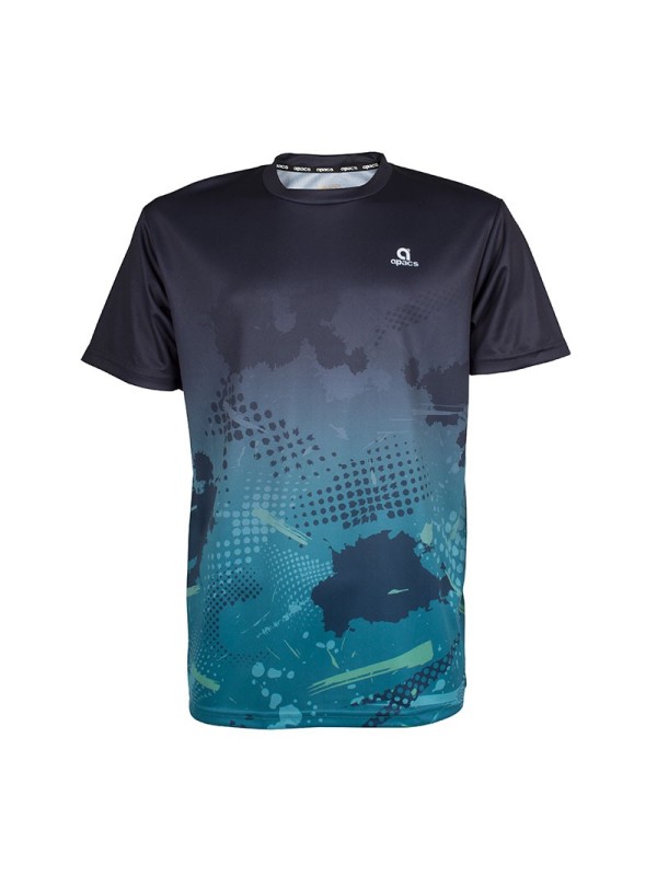 Camiseta técnica APACS 10136 negra y turquesa frontal en tejido jacquard transpirable multideporte: bádminton, tenis y pádel