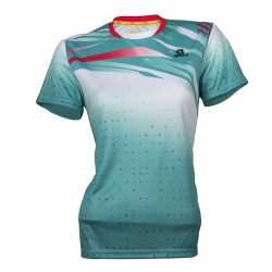 Camiseta técnica mujer APACS 367 turquesa y blanca slim fit multideporte: bádminton, tenis y pádel